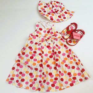 NWT Gymboree Girl Cherry Bow Sundress, Matching Sunhat & Flip-Flop Size 2T